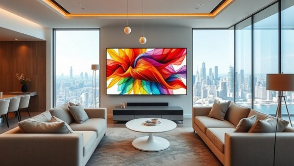 Modern living room with TCL SQD-Mini LED TV showcasing vibrant abstract, highlighting TCL's global TV shipment leadership.