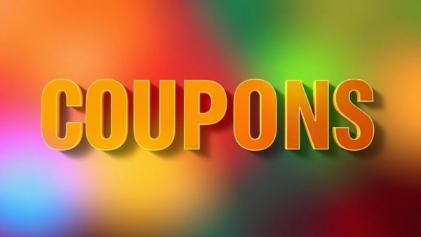 Colorful abstract coupon text with vibrant gradient background.