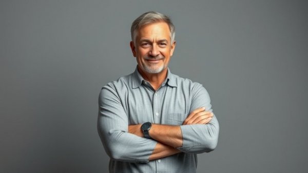 Confident man with arms crossed on gray background, AI startups survival strategies.