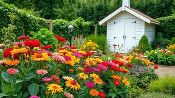 Charming garden with colorful flowers leading to a shed.