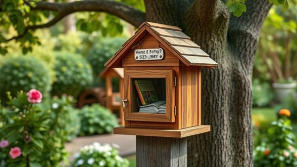 Charming seed library in garden, natural setting.