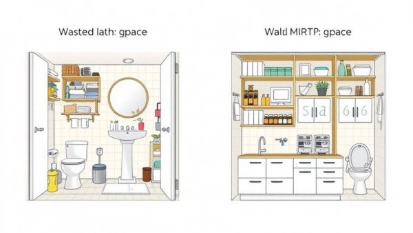Illustration showing space-saving ideas for small bathrooms, optimizing layout.