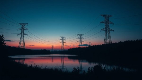 Silhouetted power lines at twilight over a lake, impacting grid integrators