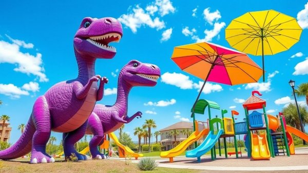 Colorful family-friendly spring break destinations with a purple dinosaur, umbrellas, and slides