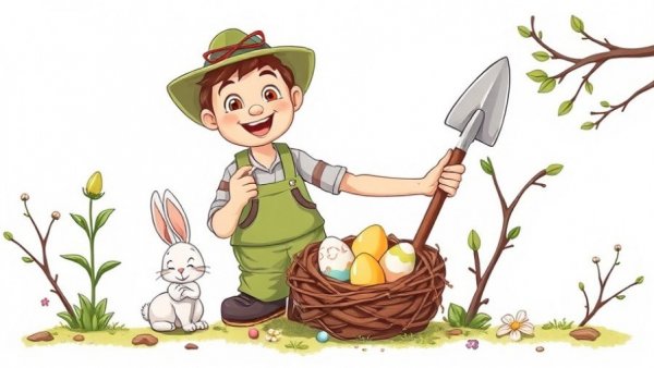 2026 Spring Gardening Checklist illustration with gardener, bunny, and nest.