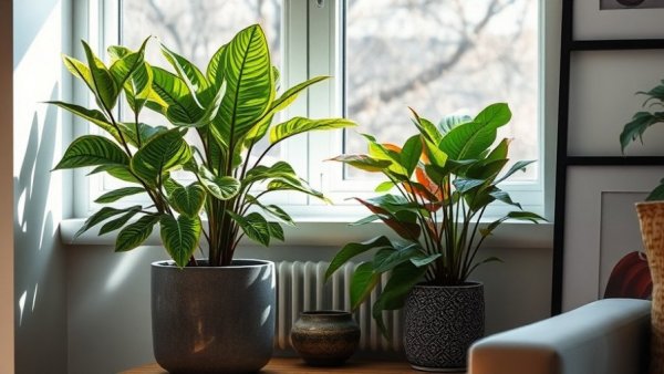 Indoor plant arrangement near window in living room.