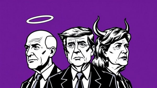 Stylized political cartoon with halo and horns, MAGA Epstein Files Trump Accountability.