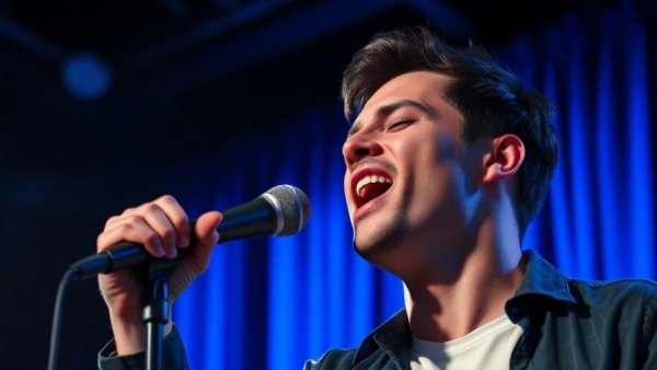 Passionate singer performing on stage with blue curtain backdrop.