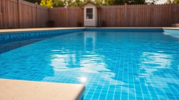 Pool with stone coping and mosaic tiles under sunlight.