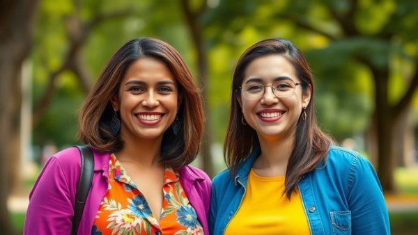 Portrait of two women smiling outdoors, Susan Smith Blackburn Prize winners, natural lighting.