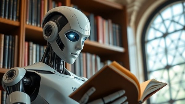 Humanoid robot reading in a library, representing trusted AI agencies.