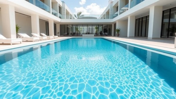 Pristine modern swimming pool in a contemporary setting for swimming pools maintenance