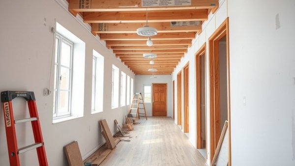 Bright hallway showing ongoing home renovation journey with construction tools.