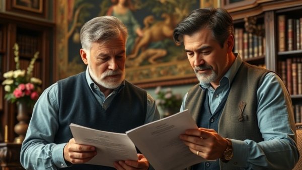 Focused men discussing documents at the Sondheim Collection, Library of Congress.