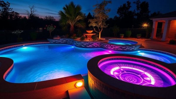 Colorful LED-lit pool and hot tub at dusk showcasing benefits of LED pool lighting.