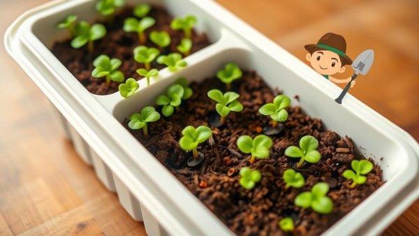 Seedlings thriving indoors in late winter with a cartoon gardener graphic.