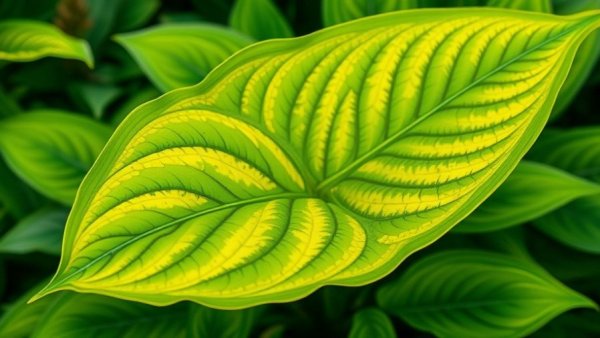 Close-up of a vibrant hosta leaf in lush garden environment.