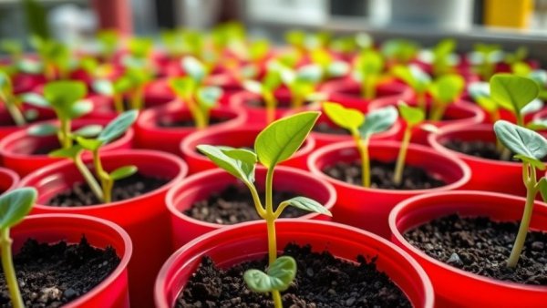 Indoor seed starting schedule: young seedlings in red cups.