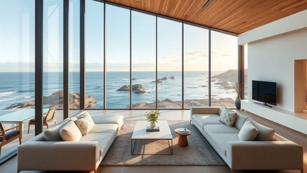 Modern coastal living room with ocean views and wooden ceiling.
