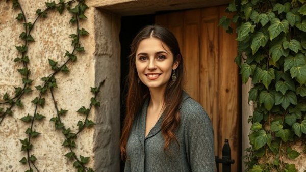 Vintage portrait of a woman by rustic cottage entrance with climbing plants.