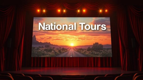 Theater stage setup for National Tours 2023 with sunset backdrop.