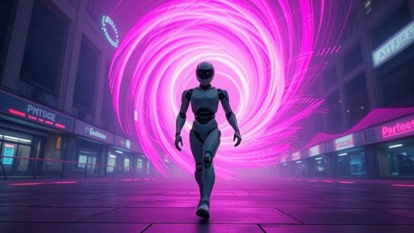 Futuristic robot in vortex with cityscape, AI visibility audit.