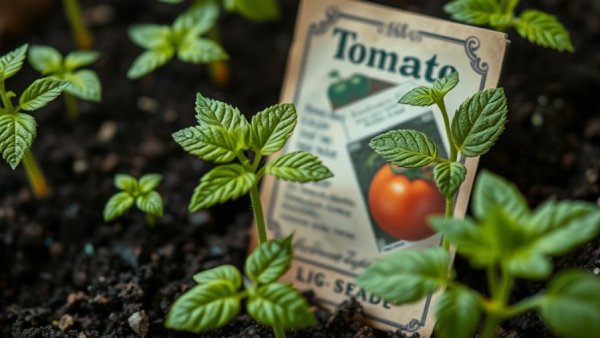 Young tomato seedlings with Brandywine seed packet indoors.