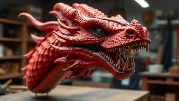 Intricately detailed Smaug the Dragon puppet head in a workshop.