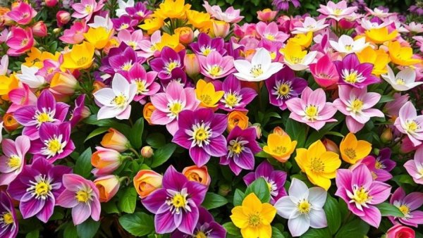 Vibrant hellebores in an outdoor garden, showcasing diverse colors.