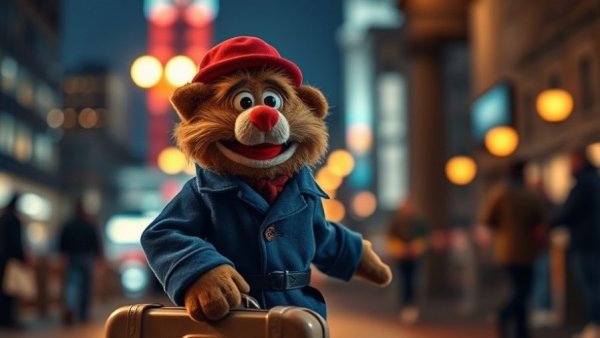 Charming puppet in blue coat for 2026 Olivier nominations.