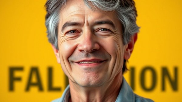 Mature male smiling against vibrant yellow HEDWIG AND THE ANGRY INCH 25th Anniversary Tour background.