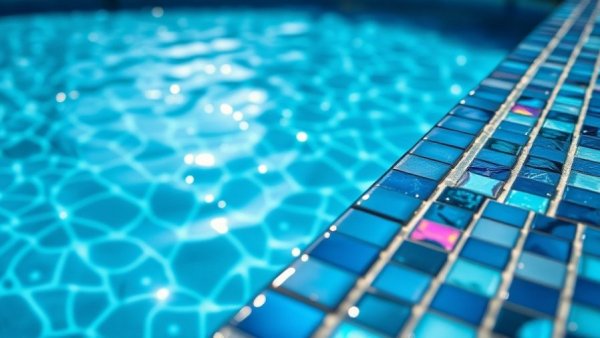 Iridescent mosaic tiles enhancing high-contrast hardscaping in a pool.