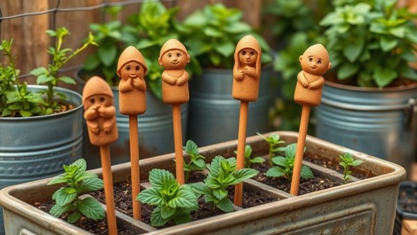 DIY clay plant stakes among mint in rustic garden.