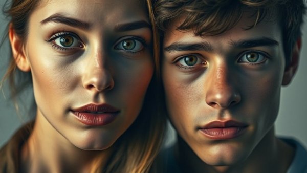 Close-up portraits of a woman and man, dramatic lighting, expressive gazes.