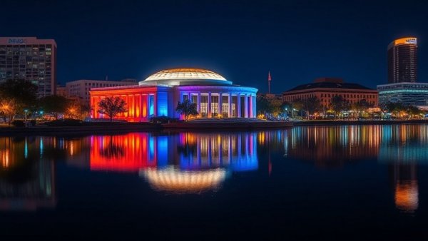 Kennedy Center illuminated at night with colorful reflections on water.
