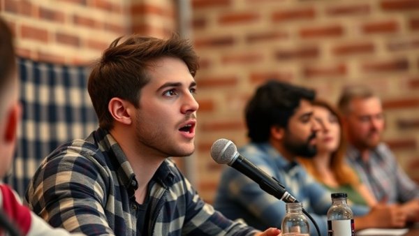 Young man speaking at an event about Robinhood startup fund performance.