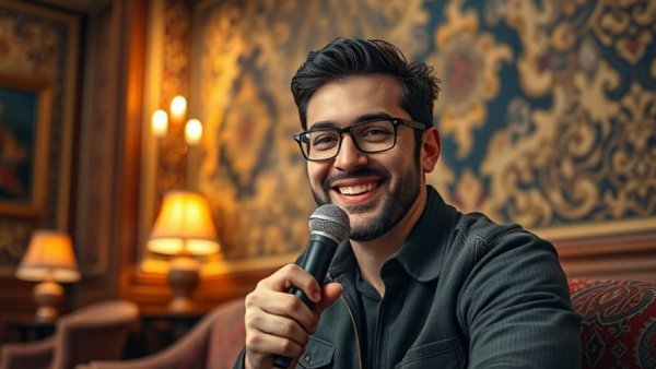 Smiling person in ornate room during Moulin Rouge event.