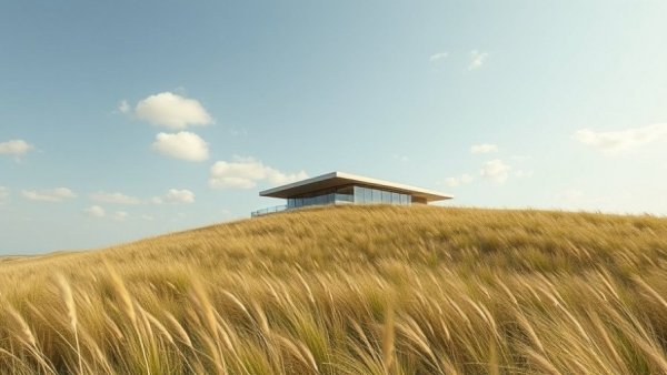 Shelter nestled in landscape with modern design.