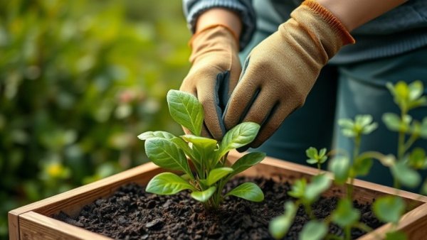 Woman in garden gloves using peat-free potting soil in a planter.