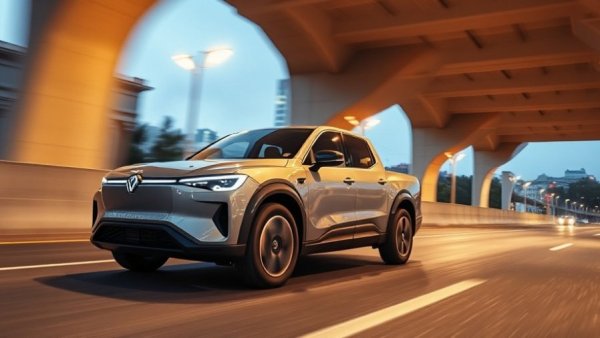 Sleek electric truck driving under bridge at dusk, affordable electric vehicles.
