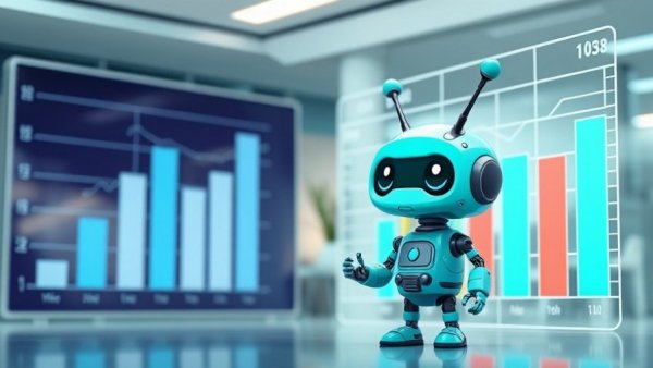 Cute turquoise robot next to digital bar chart, cartoon style.