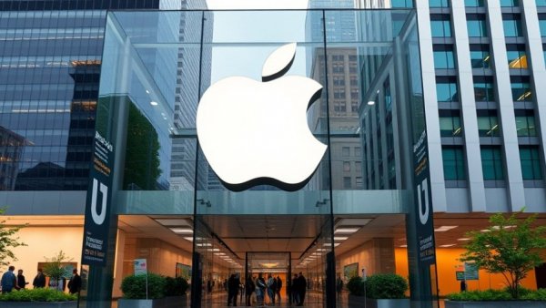 Apple store exterior with logo reflecting skyline, sleek design.