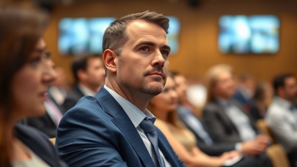 Focused individual at conference on DHS volunteering, attentive and serious.