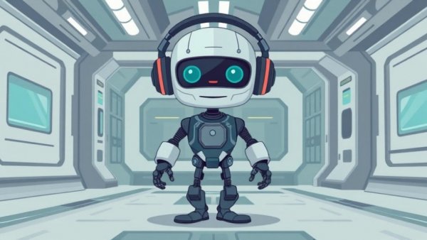 Cartoon robot with headphones in a sci-fi setting.
