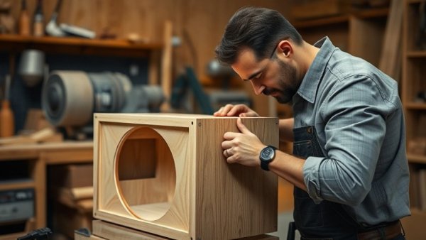 Focused craftsman sanding speaker cabinet in manufacturing process.