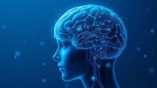 Futuristic human brain-computer interface concept on blue background.
