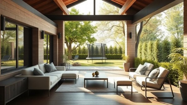 Modern outdoor patio with garden view and cozy seating.