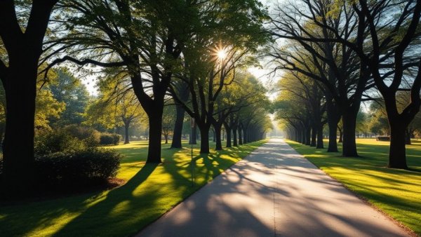 Tranquil park pathway during Summer in Stratford Festival 2026, sunlight filtering through trees.
