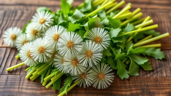 Vibrant fresh dandelion greens on a wooden table highlighting health benefits.