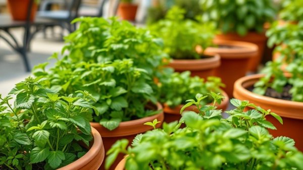 Lush outdoor garden with potted herbs under soft daylight.